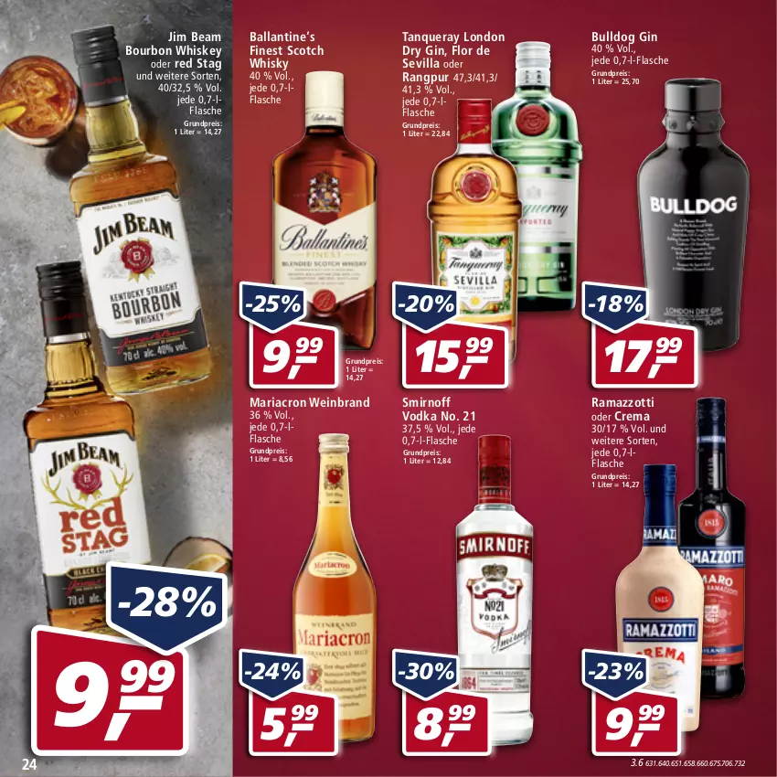 Aktueller Prospekt Real - Real Handzettel - von 14.02 bis 19.02.2022 - strona 24 - produkty: ball, bourbon, bourbon whiskey, Bulldog, dry gin, eis, flasche, gin, jim beam, london dry, london dry gin, mariacron, rama, ramazzott, ramazzotti, reis, Ria, scotch, scotch whisky, smirnoff, Tanqueray, Ti, vodka, wein, weinbrand, whiskey, whisky, zott