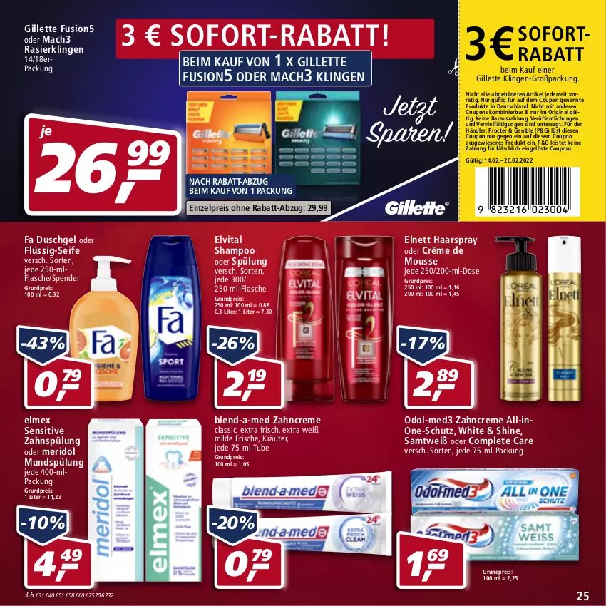 Aktueller Prospekt Real - Real Handzettel - von 14.02 bis 19.02.2022 - strona 25 - produkty: blend-a-med, coupon, coupons, creme, duschgel, eis, elmex, elnett, elvital, fa duschgel, flasche, fusion5, gillette, gin, haarspray, kräuter, mac, mach3, meridol, mousse, mundspülung, Odol, Rasierklinge, rasierklingen, reis, Seife, shampoo, shampoo oder spülung, sofort-rabatt, sofortrabatt, spülung, Ti, Tiere, vita, zahncreme