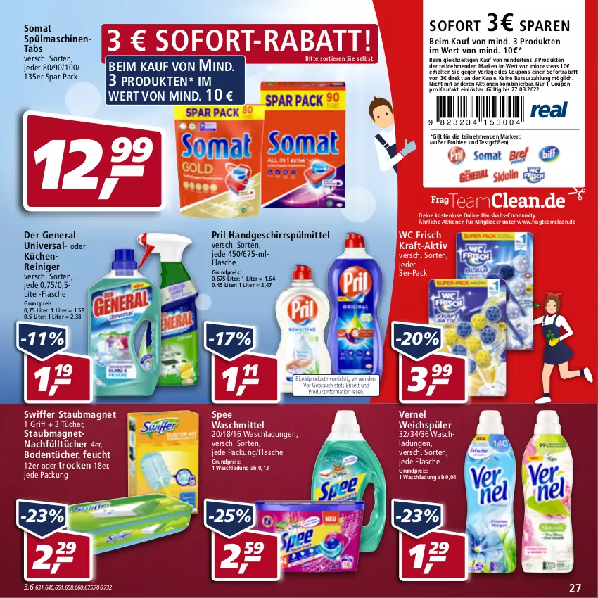 Aktueller Prospekt Real - Real Handzettel - von 14.02 bis 19.02.2022 - strona 27 - produkty: bier, Bodentücher, coupon, coupons, eis, flasche, geschirr, geschirrspülmittel, kraft, küche, Küchen, pril, reiniger, reis, sofort-rabatt, sofortrabatt, somat, spee, spülmaschinen, spülmaschinentabs, spülmittel, staubmagnet, swiffer, Ti, Tiere, tücher, vernel, waschmittel, wc frisch, weichspüler