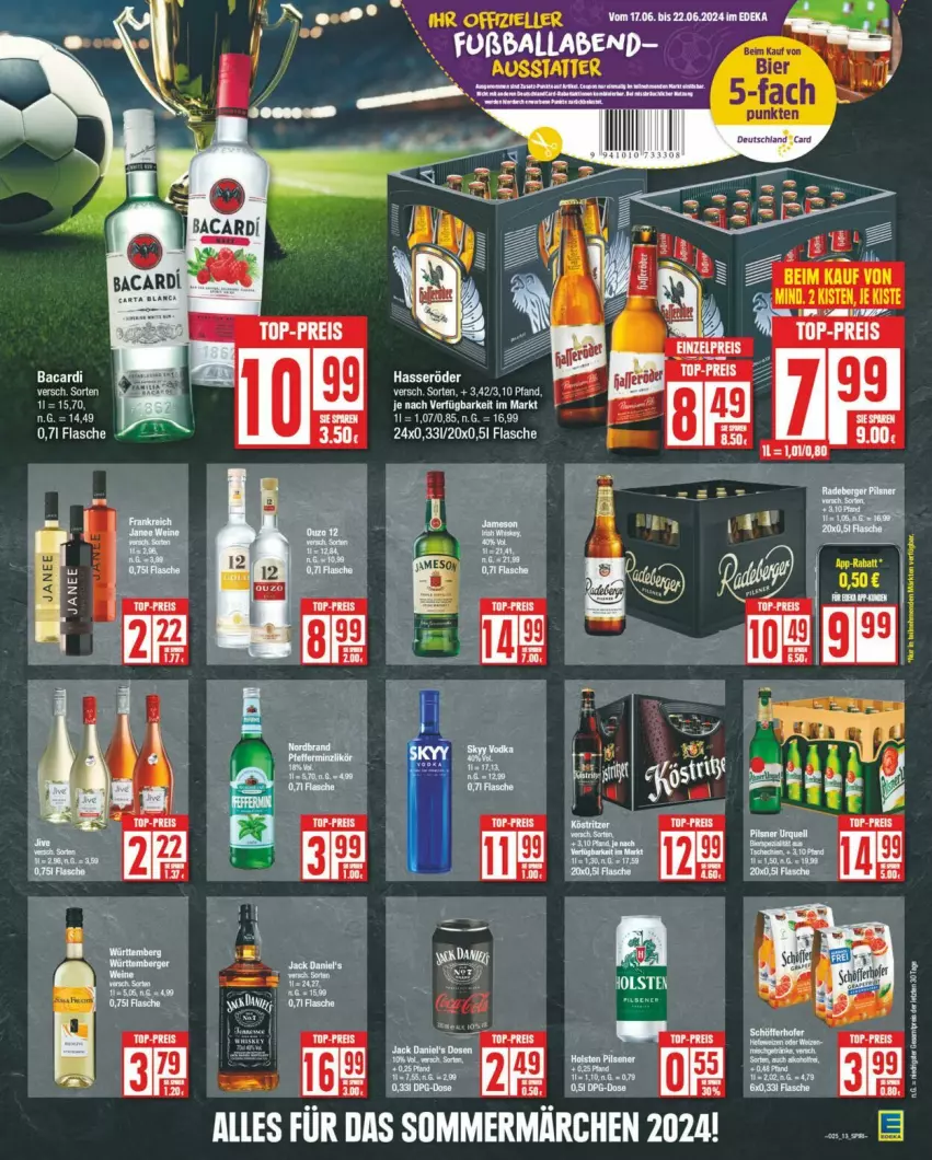 Aktueller Prospekt Edeka - Prospekte - von 15.06 bis 22.06.2024 - strona 13 - produkty: bacardi, deka, eis, flasche, hasseröder, köstritzer, pils, pilsner, pilsner urquell, reis, top-preis