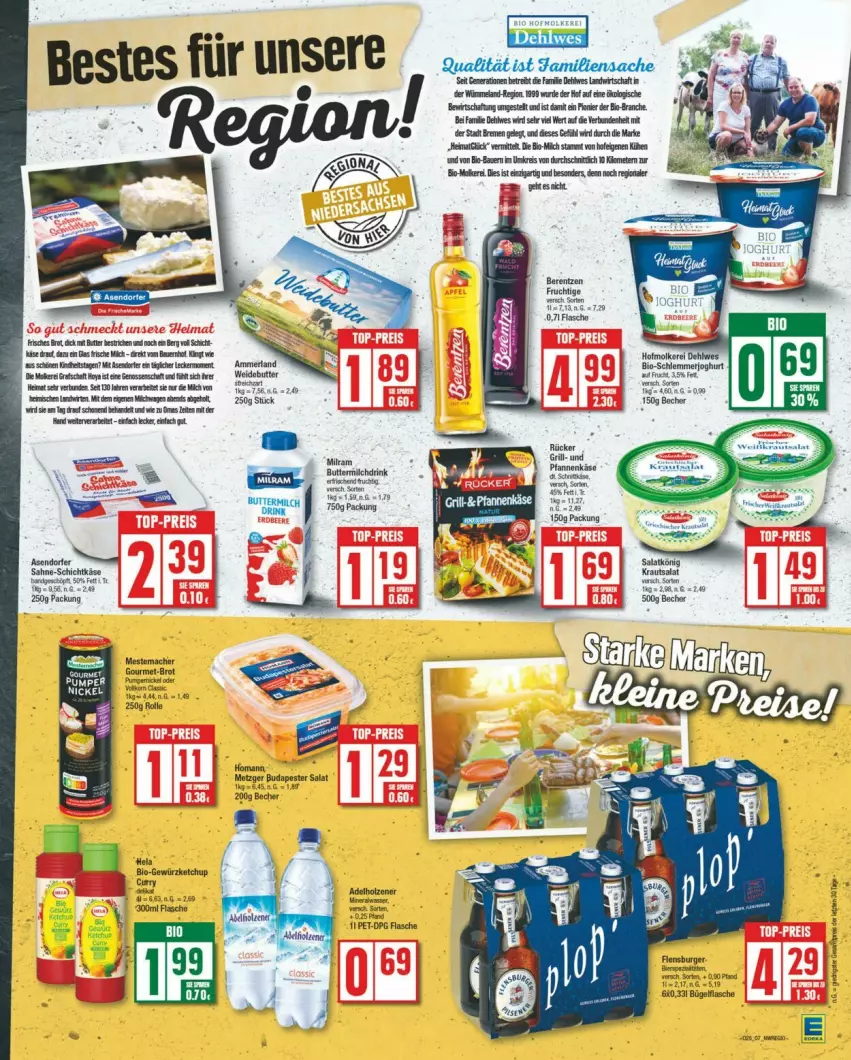 Aktueller Prospekt Edeka - Prospekte - von 15.06 bis 22.06.2024 - strona 7 - produkty: adelholzener, Becher, berentzen, bio, brot, bügel, bügelflasche, butter, buttermilch, drink, eis, Elan, flasche, frucht, gewürz, gewürzketchup, Hela, Holz, homann, joghur, joghurt, Käse, ketchup, mac, milch, milram, sac, sahne, salat, Ti