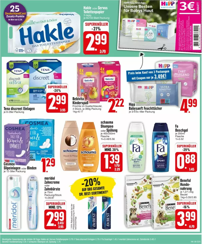 Aktueller Prospekt Edeka - Prospekte - von 26.02 bis 02.03.2024 - strona 25 - produkty: beutel, binden, bürste, creme, deutschlandcard, Discreet, Dr. Best, duschgel, eis, feuchttücher, flasche, früchte, Hysan, Kinder, LG, meridol, quetschbeutel, reis, schauma, schauma shampoo, shampoo, slip, slipeinlagen, spülung, Ti, tücher, zahnbürste