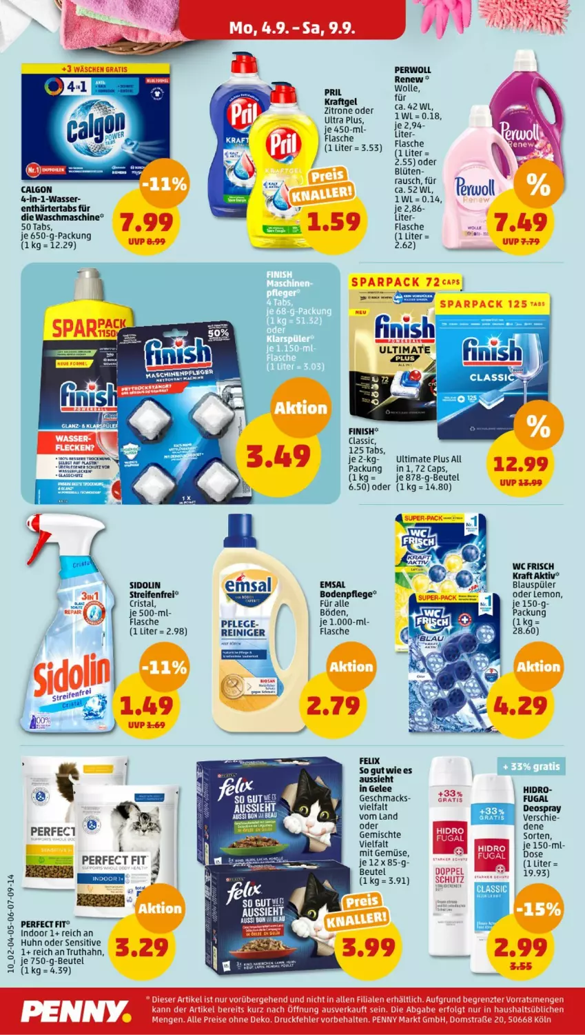 Aktueller Prospekt Penny - Prospekte - von 04.09 bis 09.09.2023 - strona 10 - produkty: beutel, Blüte, calgon, Cap, deo, deospray, emsa, felix, Finish, flasche, gelee, kraft, LG, mac, messer, mit gemüse, Perfect Fit, perwoll, pril, reifen, reiniger, sidolin, Ti, truthahn, waschmaschine, wasser, wc frisch, WC Frisch Kraft Aktiv, wolle, zitrone