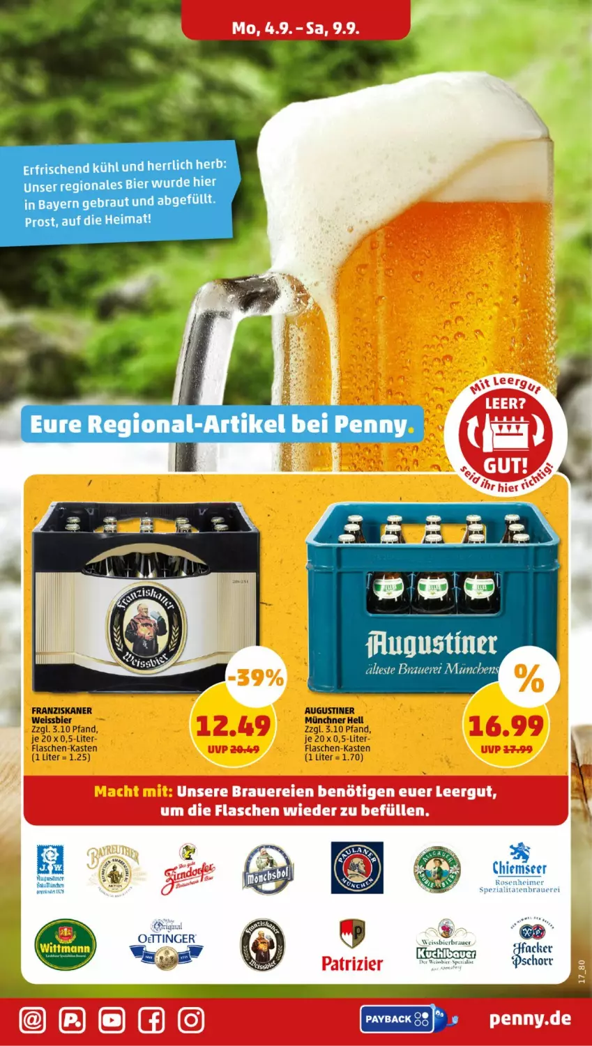 Aktueller Prospekt Penny - Prospekte - von 04.09 bis 09.09.2023 - strona 17 - produkty: auer, bier, eimer, eis, flasche, flaschen-kasten, franziskaner, payback, rind, rosen, Spezi, Ti, weissbier