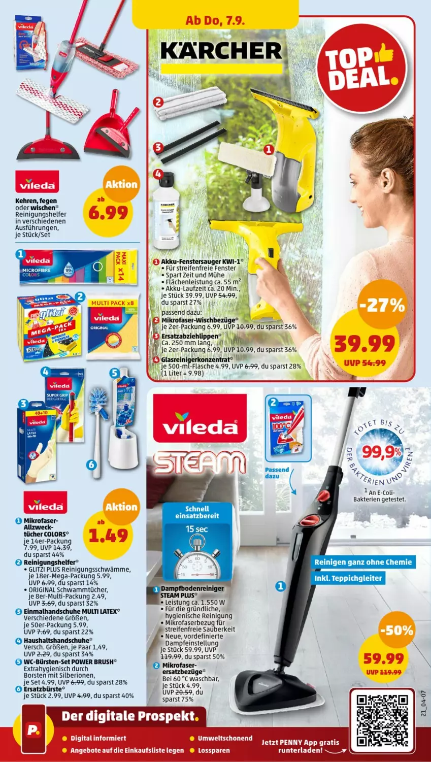 Aktueller Prospekt Penny - Prospekte - von 04.09 bis 09.09.2023 - strona 21 - produkty: akku, angebot, angebote, bürste, bürsten, eis, fenster, fenstersauger, flasche, gin, handschuhe, je 500-ml-flasche, karcher, mikrofaser, reifen, Reinigung, schuhe, schwamm, Ti, tücher, WC-Bürste, weck