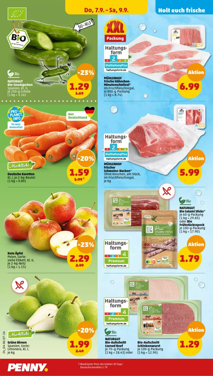 Aktueller Prospekt Penny - Prospekte - von 04.09 bis 09.09.2023 - strona 24 - produkty: aufschnitt, beef, beutel, bio, Birnen, corned beef, eis, fleisch, Frische Hähnchen, Frühstücksspeck, karotten, limo, minutenschnitzel, natur, regal, reis, salami, schinken, schinkenwurst, schnitzel, schwein, schweine, Speck, Ti, wein, weine, wurst, ZTE