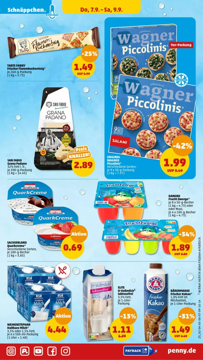 Aktueller Prospekt Penny - Prospekte - von 04.09 bis 09.09.2023 - strona 25 - produkty: ACC, bärenmarke, Becher, bio, creme, danone, ente, flammkuchen, Flammkuchenteig, frucht, grana, grana padano, haltbare milch, kakao, kuchen, lamm, milch, padano, quark, Rana, sac, tante fanny, Ti, vollmilch, weihenstephan