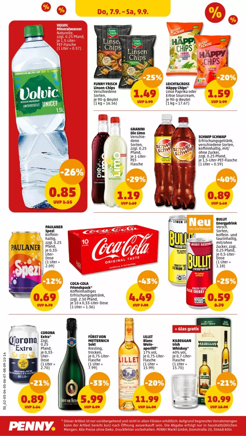 Aktueller Prospekt Penny - Prospekte - von 04.09 bis 09.09.2023 - strona 30 - produkty: aperitif, beutel, chips, coca-cola, cola, corona, corona extra, erfrischungsgetränk, flasche, Funny Frisch, getränk, granini, granini die limo, kilbeggan, lillet, limo, linsen, mam, Mett, metternich, paprika, Paula, paulaner, pet-flasche, riesling, Schwip Schwap, sekt, Spezi, Ti, wein, whiskey, zucker