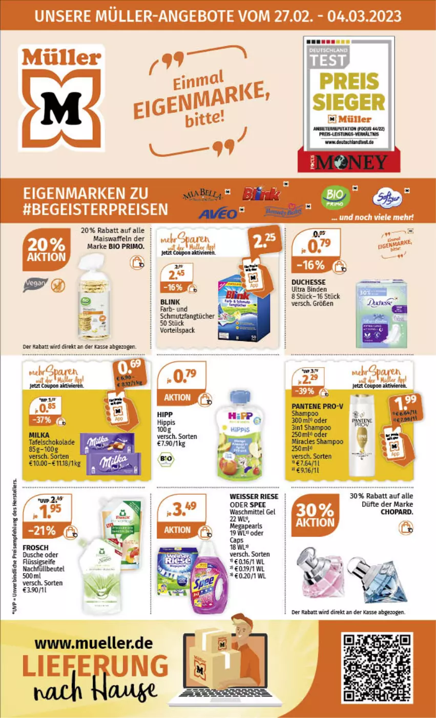 Aktueller Prospekt Mueller - Angebote entdecken & sparen! - von 27.02 bis 04.03.2023 - strona 1 - produkty: aeg, beutel, binden, bio, Cap, chopard, coupon, dusche, eis, elle, Fangtücher, flüssigseife, Frosch, hipp, HP, mais, Maiswaffeln, reis, Seife, shampoo, spee, teller, Ti, tücher, waffeln, waschmittel, Weisser Riese