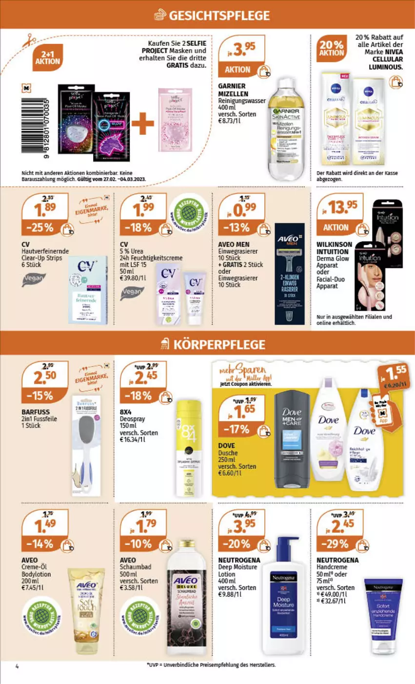 Aktueller Prospekt Mueller - Angebote entdecken & sparen! - von 27.02 bis 04.03.2023 - strona 4 - produkty: aveo, Bad, brut, Clear-up strips, coupon, creme, deo, deospray, dove, einwegrasierer, eis, elle, feuchtigkeitscreme, gesichtspflege, handcreme, Lotion, Maske, Müller, neutrogena, nivea, rasierer, reis, schaumbad, teller, Ti, wilkinson