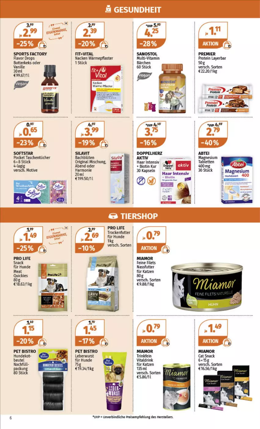 Aktueller Prospekt Mueller - Angebote entdecken & sparen! - von 27.02 bis 04.03.2023 - strona 6 - produkty: Abtei, beutel, bio, Blüte, butter, butterkeks, doppelherz, drink, eis, elle, gin, keks, leberwurst, mac, magnesium, nassfutter, pflaster, reis, Sanostol, snack, Sport, tablet, tablett, Tablette, Tasche, taschen, taschentücher, teller, Ti, trockenfutter, tücher, vanille, vita, wurst