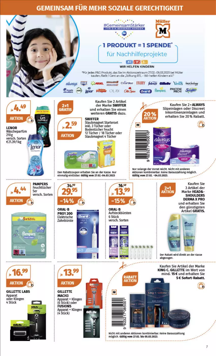 Aktueller Prospekt Mueller - Angebote entdecken & sparen! - von 27.02 bis 04.03.2023 - strona 7 - produkty: Alwa, Always, bree, bürste, coupon, Discreet, fairy, feuchttücher, gillette, Kinder, mac, mach3, Müller, slip, slipeinlagen, sofort-rabatt, staubmagnet, swiffer, tee, Ti, tücher, zahnbürste