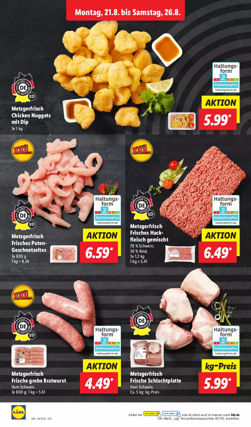 Aktueller Prospekt Lidl - Aktionsprospekt - von 21.08 bis 26.08.2023 - strona 10 - produkty: bratwurst, chicken nuggets, dip, eis, fleisch, geschnetzeltes, grobe bratwurst, hackfleisch, hackfleisch gemischt, latte, ndk, nuggets, pute, Putengeschnetzeltes, reis, rind, Schal, Schale, schwein, Ti, wein, wurst, Zelt