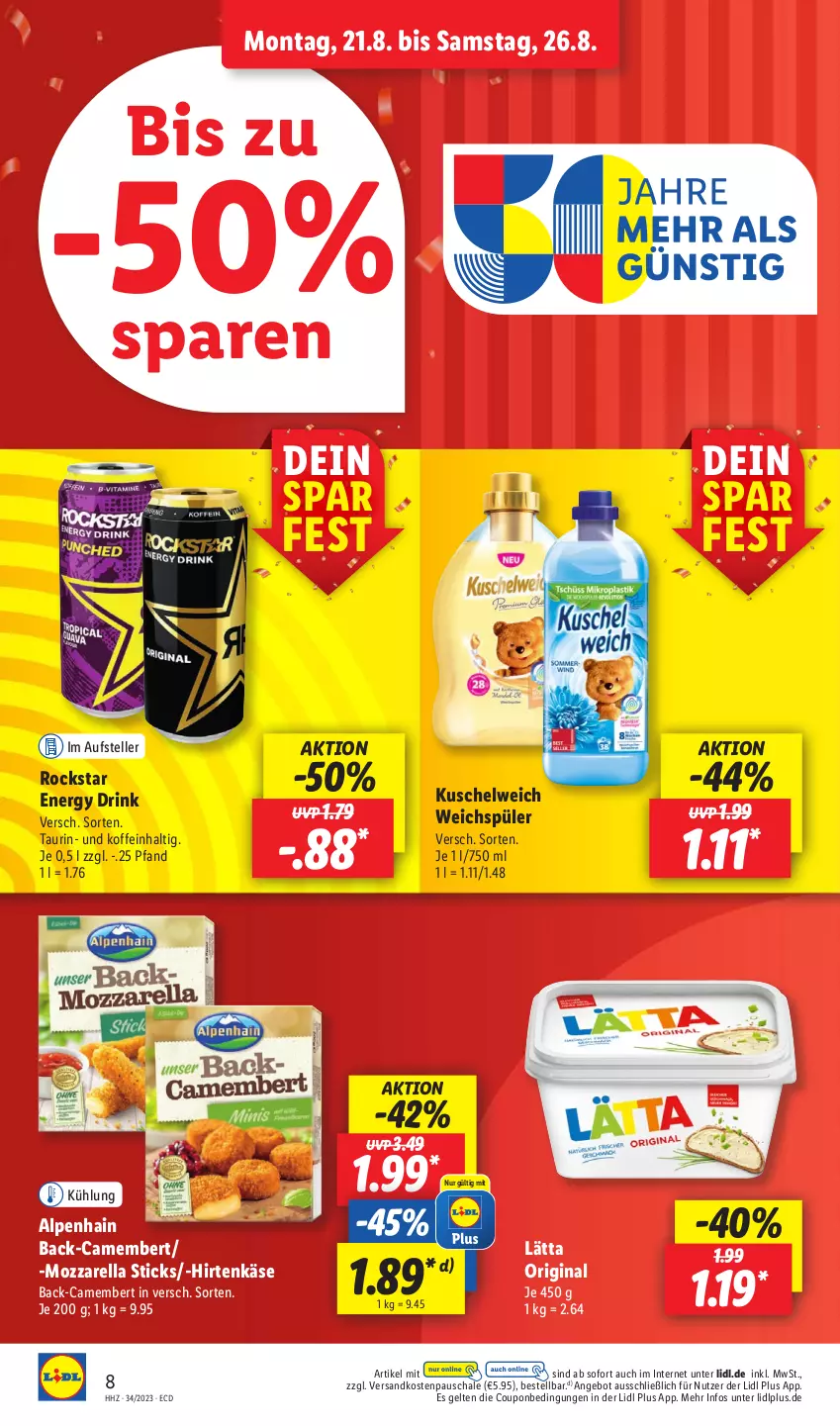 Aktueller Prospekt Lidl - Aktionsprospekt - von 21.08 bis 26.08.2023 - strona 12 - produkty: Alpenhain, angebot, camembert, coupon, drink, elle, energy drink, gin, hirtenkäse, Käse, Kuschelweich, lätta, mozzarella, ndk, rel, Rockstar, Schal, Schale, teller, Ti, weichspüler