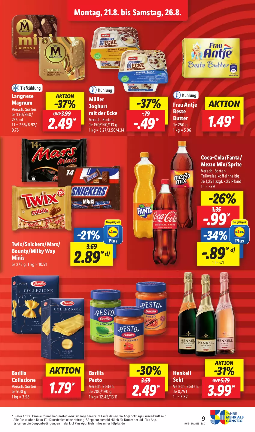 Aktueller Prospekt Lidl - Aktionsprospekt - von 21.08 bis 26.08.2023 - strona 13 - produkty: angebot, barilla, beste butter, bounty, butter, coca-cola, cola, coupon, eis, fanta, frau antje, henkel, henkell, henkell sekt, joghur, joghurt, joghurt mit der ecke, langnese, magnum, mars, Mezzo Mix, milky way, Müller, pesto, reis, sekt, snickers, sprite, Ti, twix, ZTE