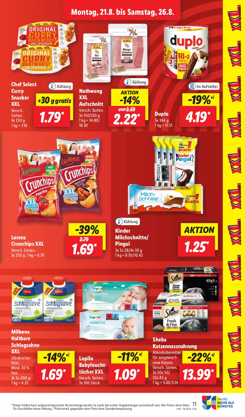 Aktueller Prospekt Lidl - Aktionsprospekt - von 21.08 bis 26.08.2023 - strona 15 - produkty: alleinfuttermittel, angebot, aufschnitt, Bona, chips, crunchips, curry, duplo, eis, elle, feuchttücher, Kinder, lorenz, lorenz crunchips, lupilu, Milbona, milch, Milchschnitte, Nassnahrung, pingui, preisvorteil, reis, sahne, schlagsahne, sheba, snack, teller, Ti, tücher, ZTE