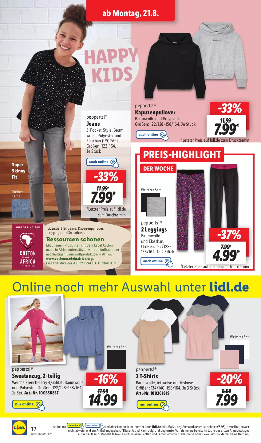 Aktueller Prospekt Lidl - Aktionsprospekt - von 21.08 bis 26.08.2023 - strona 20 - produkty: angebot, Anzug, Bau, baumwolle, dell, eis, elle, gin, hose, jeans, leggings, Mode, ndk, Pullover, reis, Schal, Schale, shirt, shirts, Sweathose, T-Shirt, Ti, wolle, ZTE