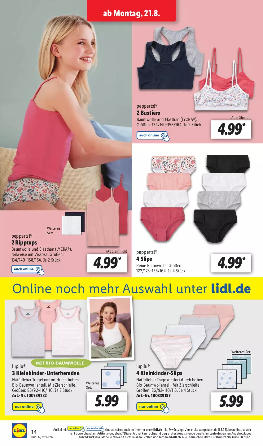 Aktueller Prospekt Lidl - Aktionsprospekt - von 21.08 bis 26.08.2023 - strona 22 - produkty: angebot, Bau, baumwolle, bio, bio-baumwolle, dell, eis, elle, hemd, hemden, Kinder, Kinder-Unterhemd, lupilu, mit bio-baumwolle, Mode, ndk, reine baumwolle, reis, Schal, Schale, slip, slips, Stier, Ti, Unterhemd, unterhemden, wolle, ZTE