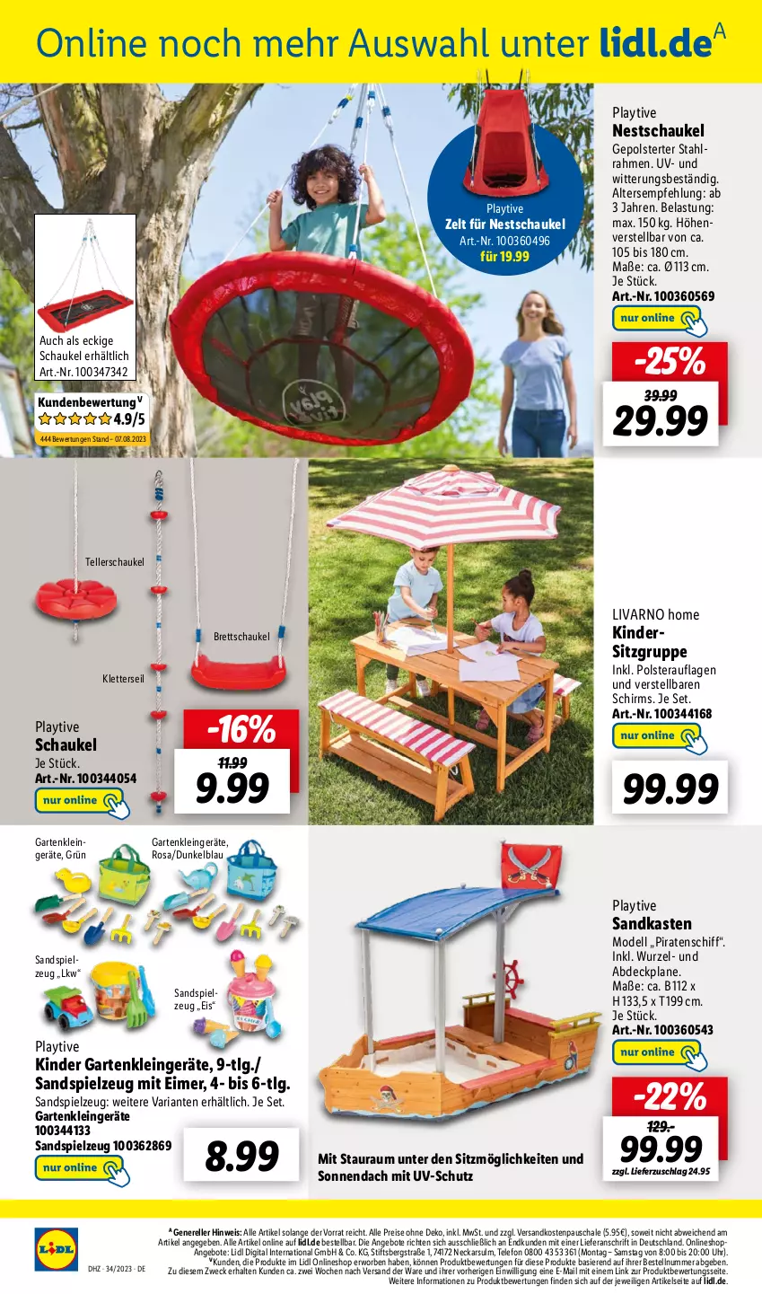 Aktueller Prospekt Lidl - Aktionsprospekt - von 21.08 bis 26.08.2023 - strona 26 - produkty: abdeckplane, angebot, angebote, dell, eimer, eis, elle, Garten, Kinder, Kindersitz, LG, Mode, ndk, reis, rel, Ria, Sandkasten, Sandspielzeug, Schal, Schale, Schaukel, spielzeug, telefon, teller, Ti, uhr, uv-schutz, weck, Zelt