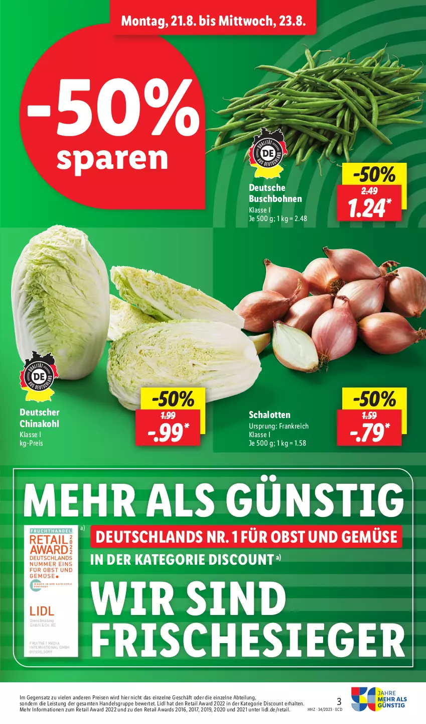 Aktueller Prospekt Lidl - Aktionsprospekt - von 21.08 bis 26.08.2023 - strona 3 - produkty: Abtei, bohne, bohnen, Buschbohnen, discount, eis, ente, obst, Obst und Gemüse, reis, Schal, Schalotte, Ti, und gemüse