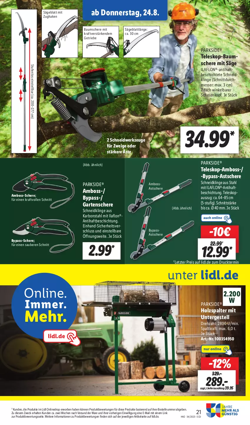 Aktueller Prospekt Lidl - Aktionsprospekt - von 21.08 bis 26.08.2023 - strona 33 - produkty: Bau, boss, eis, Garten, Gartenschere, gsw, Holz, Holzspalter, kraft, messer, Parkside, reis, säge, Schere, Teleskop, Ti, weck, werkzeug, werkzeuge, ZTE