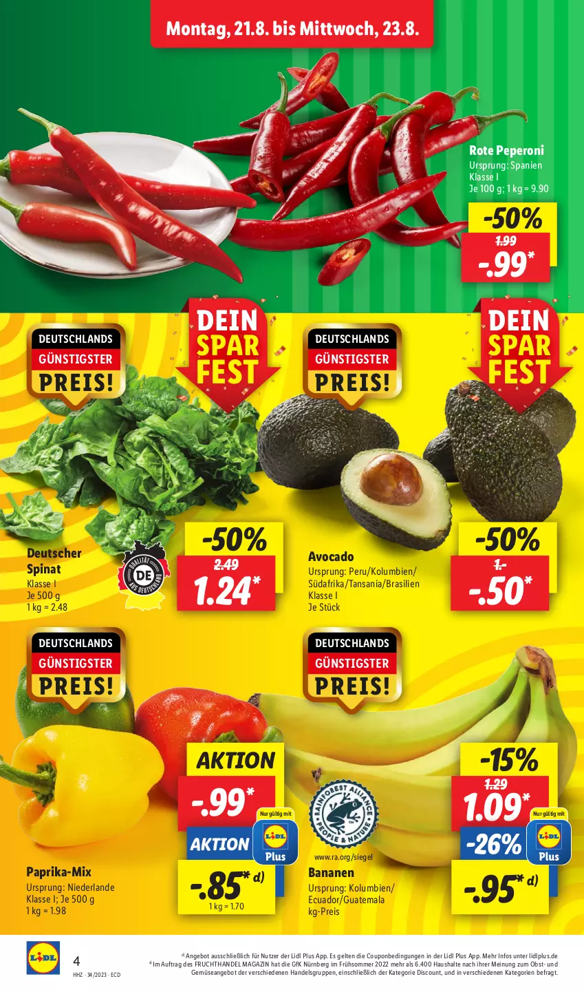 Aktueller Prospekt Lidl - Aktionsprospekt - von 21.08 bis 26.08.2023 - strona 4 - produkty: angebot, avocado, banane, bananen, coupon, discount, eis, frucht, magazin, obst, paprika, peperoni, Peroni, reis, spinat, Ti, und gemüse