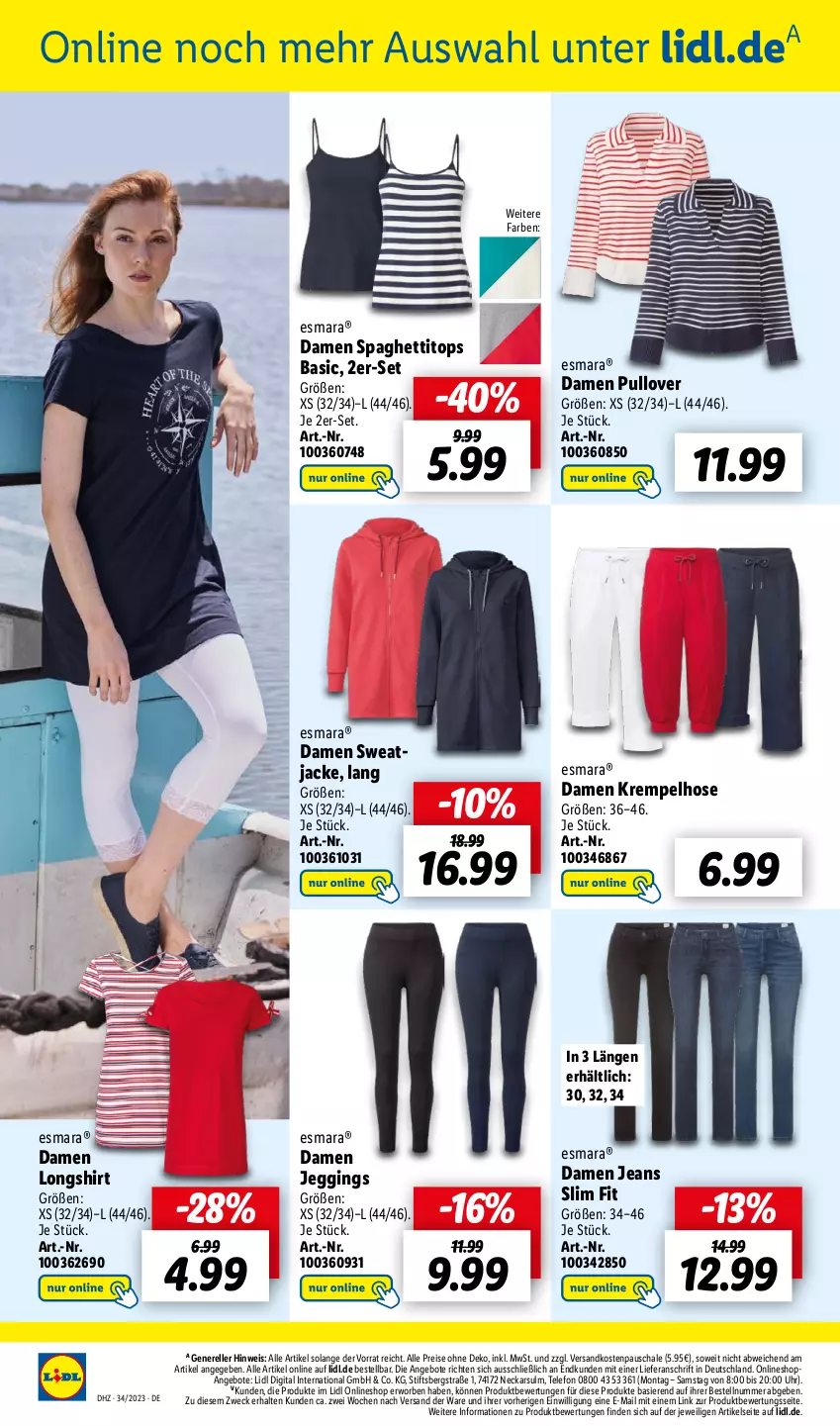 Aktueller Prospekt Lidl - Aktionsprospekt - von 21.08 bis 26.08.2023 - strona 40 - produkty: angebot, angebote, eis, elle, esmara, gin, hose, Jacke, jeans, ndk, Pullover, reis, rel, Schal, Schale, shirt, spaghetti, sweatjacke, telefon, Ti, uhr, weck