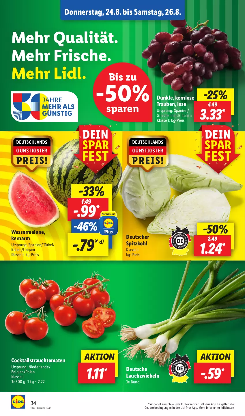 Aktueller Prospekt Lidl - Aktionsprospekt - von 21.08 bis 26.08.2023 - strona 52 - produkty: angebot, cocktail, cocktails, coupon, eis, Lauchzwiebel, lauchzwiebeln, LG, melone, Rauch, reis, spitzkohl, strauchtomaten, Ti, tomate, tomaten, trauben, wasser, wassermelone, zwiebel, zwiebeln