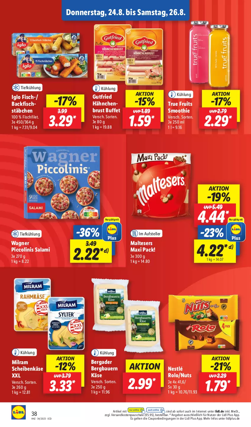 Aktueller Prospekt Lidl - Aktionsprospekt - von 21.08 bis 26.08.2023 - strona 56 - produkty: angebot, auer, backfisch, Bau, Bauer, bergader, coupon, elle, filet, fisch, fischstäbchen, gutfried, hähnchenbrust, iglo, Käse, malteser, milram, ndk, nestlé, piccolinis, salami, Schal, Schale, smoothie, teller, Ti, true fruits, wagner