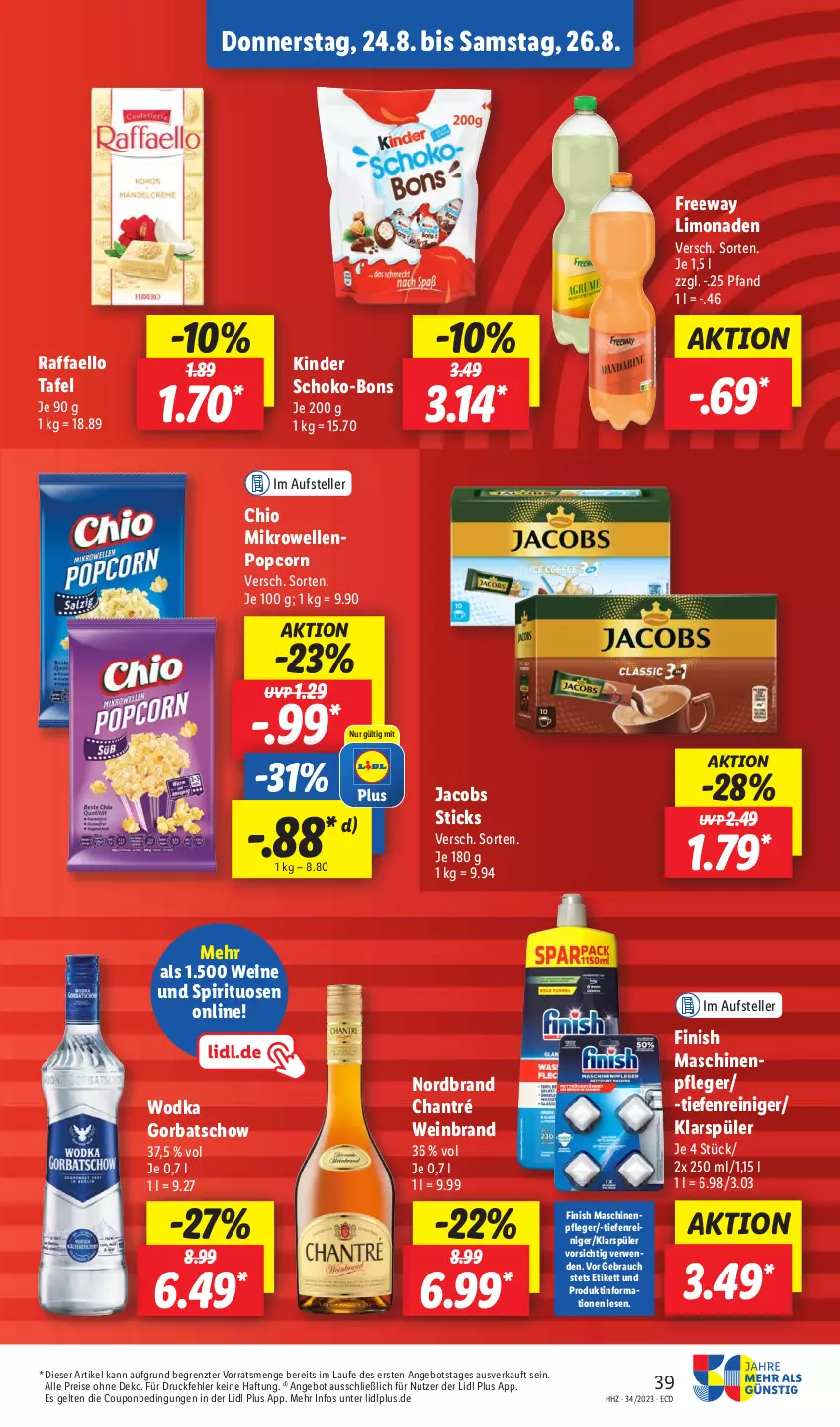 Aktueller Prospekt Lidl - Aktionsprospekt - von 21.08 bis 26.08.2023 - strona 57 - produkty: angebot, chantré, coupon, eis, elle, Finish, Gorbatschow, jacobs, Kinder, klarspüler, limo, limonade, limonaden, Maschinenpfleger, mikrowelle, nordbrand, popcorn, raffaello, Rauch, reiniger, reis, rwe, schoko, schoko-bons, spirituosen, teller, Ti, wein, weinbrand, weine, wodka, ZTE