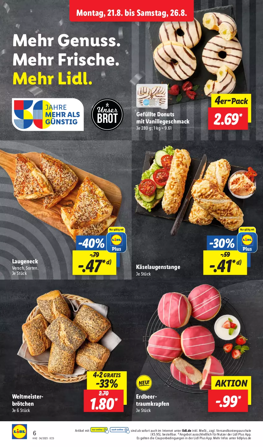 Aktueller Prospekt Lidl - Aktionsprospekt - von 21.08 bis 26.08.2023 - strona 8 - produkty: angebot, brot, brötchen, coupon, Donut, donuts, eis, Käse, Laugeneck, Laugenstange, mac, Meister, ndk, nuss, Schal, Schale, Ti, vanille