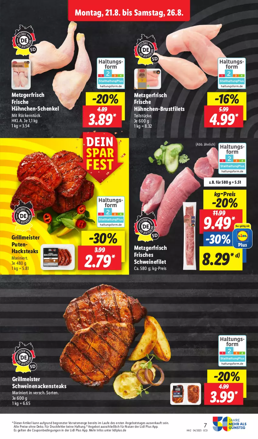 Aktueller Prospekt Lidl - Aktionsprospekt - von 21.08 bis 26.08.2023 - strona 9 - produkty: angebot, brustfilet, coupon, eis, filet, filets, Frische Hähnchen, grill, hähnchen-brustfilet, hähnchen-schenkel, henkel, Meister, Nackensteak, nackensteaks, pute, Putenhacksteak, reis, schenkel, schwein, schweine, schweinefilet, schweinenacken, steak, steaks, Ti, wein, weine, ZTE