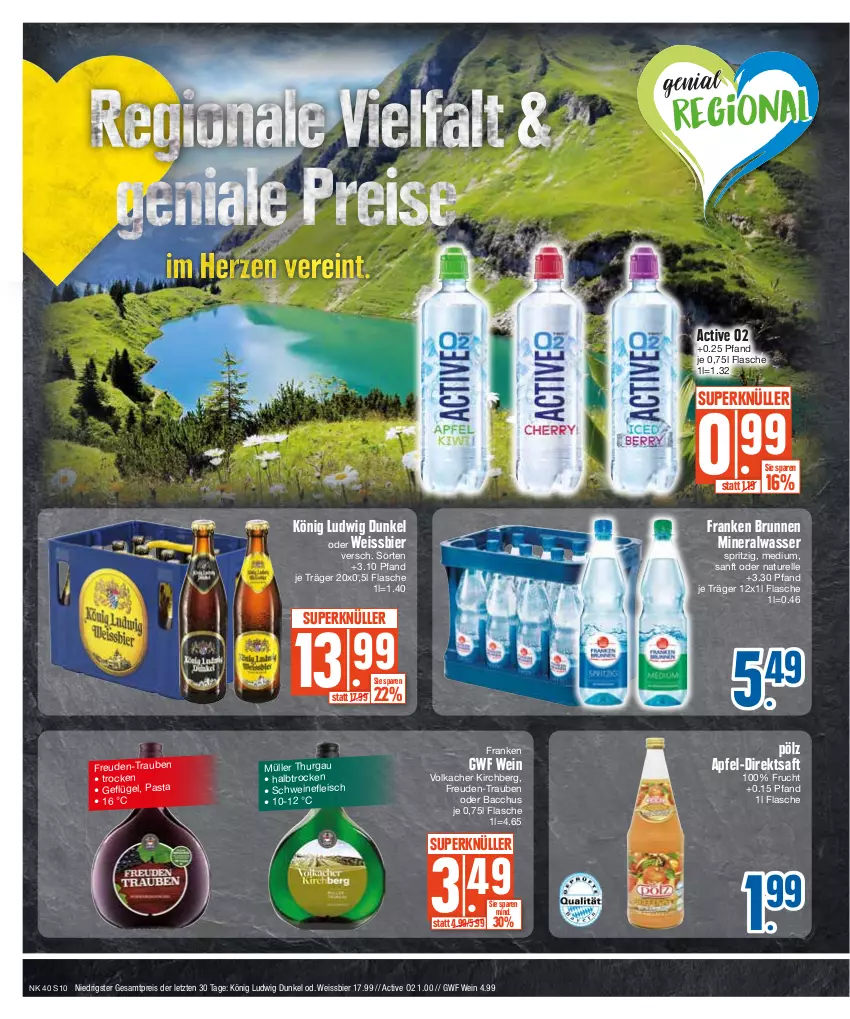 Aktueller Prospekt E Center - Angebote der Woche - von 02.10 bis 07.10.2023 - strona 10 - produkty: ACC, Alwa, apfel, bier, brunnen, direktsaft, eis, elle, flasche, fleisch, franken brunnen, frucht, Geflügel, mineralwasser, Müller, natur, pasta, reis, rel, saft, schwein, schweine, schweinefleisch, Ti, trauben, wasser, wein, weine, weissbier, ZTE