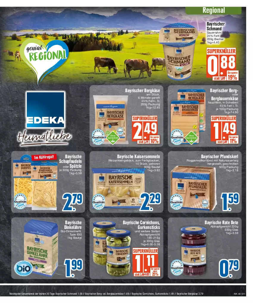 Aktueller Prospekt E Center - Angebote der Woche - von 02.10 bis 07.10.2023 - strona 11 - produkty: auer, Bau, Bauer, Becher, Bergkäse, beutel, bio, brot, dinkelmehl, eis, gurke, gurken, Kaiser, Kaisersemmel, Käse, korn, Kornbrot, mehl, natur, nudel, nudeln, reis, rote bete, Sauerrahm, schmand, schnitten, Semmel, Ti, vollkornbrot, ZTE