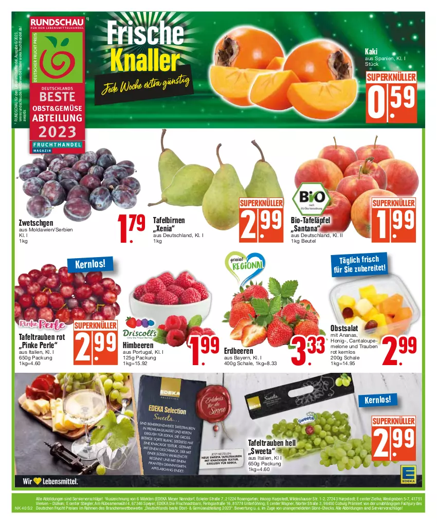 Aktueller Prospekt E Center - Angebote der Woche - von 02.10 bis 07.10.2023 - strona 2 - produkty: Abtei, ananas, Astra, beere, beeren, beutel, bio, Birnen, deka, eis, ente, erdbeere, erdbeeren, frucht, Garten, himbeer, himbeere, himbeeren, honig, Kaki, lebensmittel, melone, obst, reis, ring, rosen, salat, Schal, Schale, speyer, Stiegl, tafeläpfel, tafelbirnen, tafeltrauben, Ti, trauben, wagner, Wild