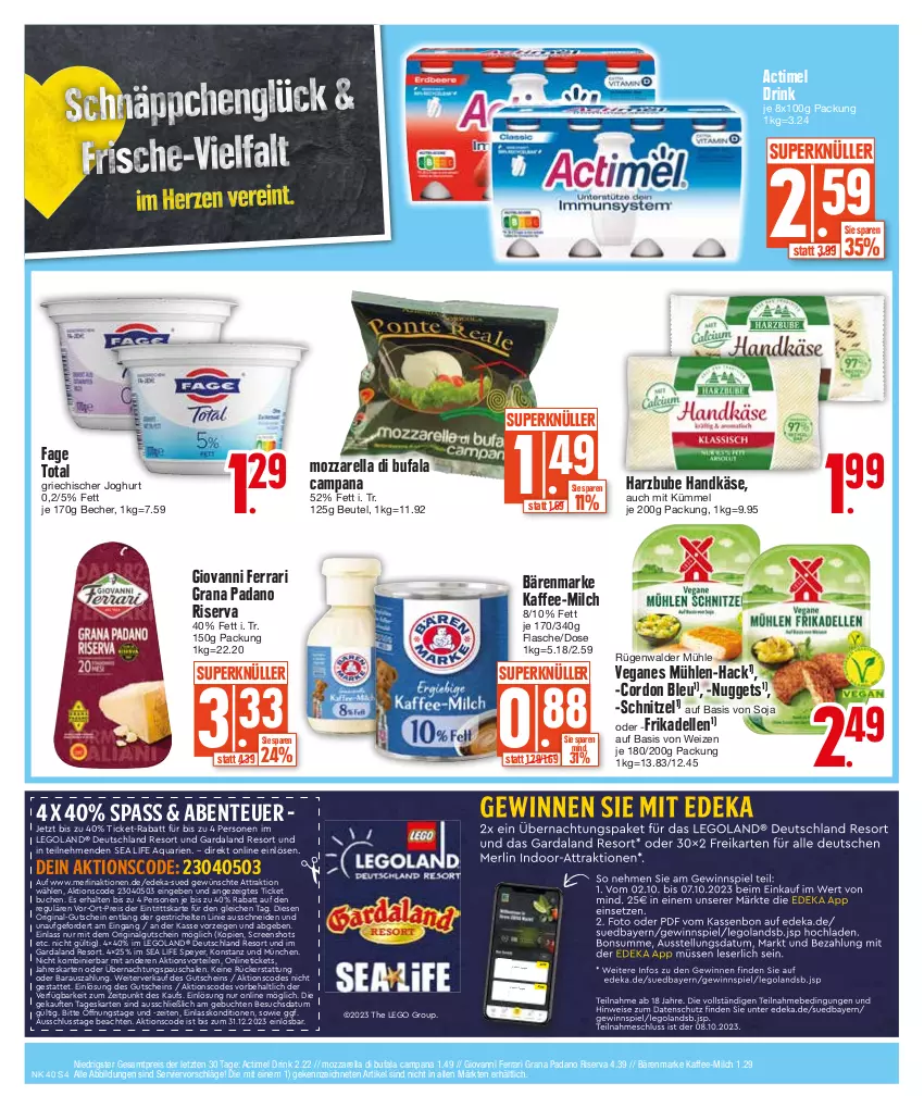 Aktueller Prospekt E Center - Angebote der Woche - von 02.10 bis 07.10.2023 - strona 4 - produkty: actimel, actimel drink, aqua, bärenmarke, Becher, beutel, buch, cordon bleu, coupon, deka, dell, di bufala, drink, eis, elle, ente, flasche, frikadellen, gin, grana, grana padano, Griechischer Joghurt, gutschein, joghur, joghurt, kaffee, Käse, LG, merl, milch, mozzarella, ndk, nuggets, nuss, padano, Rana, reis, rel, riserva, rügenwalder, rügenwalder mühle, Schal, Schale, schnitzel, soja, speyer, Ti, ZTE