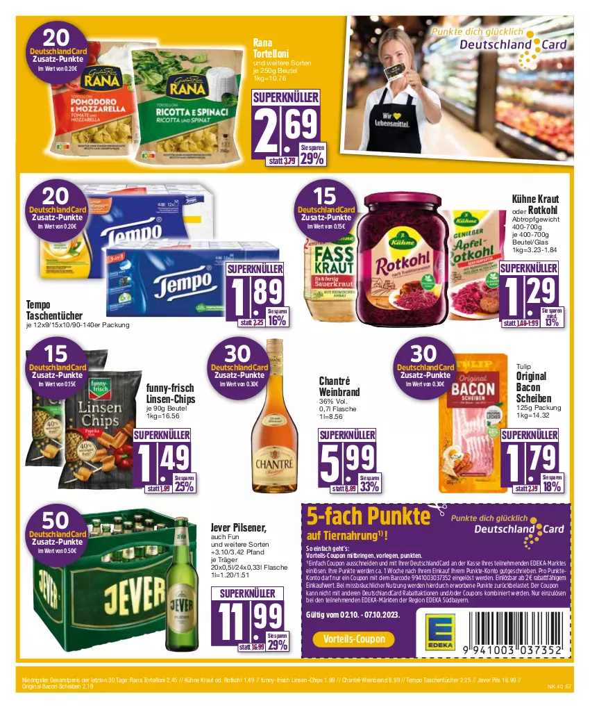 Aktueller Prospekt E Center - Angebote der Woche - von 02.10 bis 07.10.2023 - strona 7 - produkty: bacon, beutel, chantré, chips, coupon, coupons, deka, deutschlandcard, eis, erde, flasche, funny-frisch, gin, jever, jever pilsener, Kraut, Kühne, linsen, pils, pilsener, Rana, reis, ring, rotkohl, Tasche, taschen, taschentücher, Tempo, Ti, tiernahrung, torte, tortelloni, tücher, tulip, wein, weinbrand, ZTE