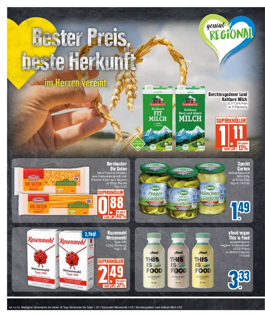 Aktueller Prospekt E Center - Angebote der Woche - von 02.10 bis 07.10.2023 - strona 8 - produkty: bernbacher, beutel, eier, eis, flasche, frischei-nudeln, gurke, gurken, haltbare milch, hartweizen, mehl, milch, nudel, nudeln, reis, rosen, Rosenmehl, specht, type 405, weizenmehl, ZTE