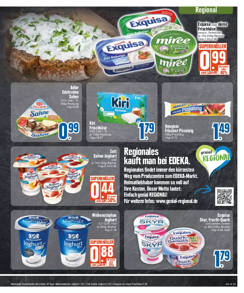 Aktueller Prospekt E Center - Angebote der Woche - von 02.10 bis 07.10.2023 - strona 9 - produkty: Becher, creme, deka, edelcreme, eis, ente, exquisa, frischkäse, frucht, henglein, joghur, joghurt, joghurt mild, Käse, kiri, miree, pizza, Pizzateig, quark, reis, sahne, Skyr, weihenstephan, zott, ZTE