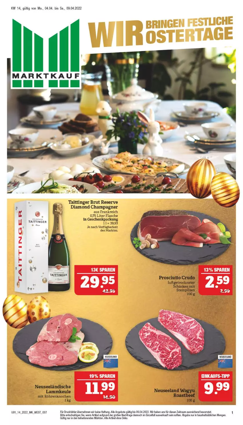 Aktueller Prospekt Marktkauf - Prospekt - von 03.04 bis 09.04.2022 - strona 1 - produkty: angebot, angebote, beef, brut, champagne, champagner, Elan, geschenkpackung, lamm, lammkeule, mam, pilze, prosciutto, prosciutto crudo, roastbeef, schinken, Steinpilze, Ti