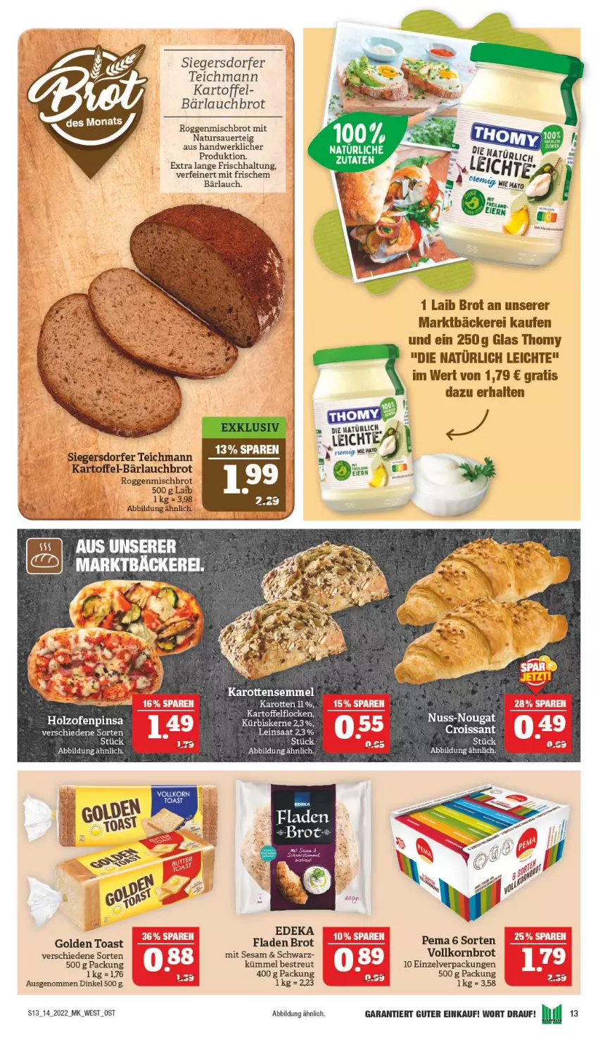 Aktueller Prospekt Marktkauf - Prospekt - von 03.04 bis 09.04.2022 - strona 17 - produkty: auer, brot, Croissant, deka, golden toast, Holz, karotten, kartoffel, korn, Kornbrot, Kürbis, kürbiskerne, natur, nuss, Ofen, Semmel, sesam, thomy, Ti, toast, vollkornbrot