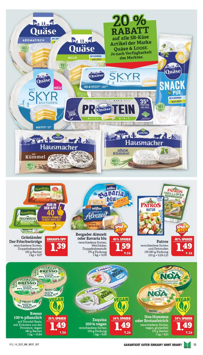 Aktueller Prospekt Marktkauf - Prospekt - von 03.04 bis 09.04.2022 - strona 19 - produkty: aufstrich, bavaria blu, Becher, bergader, bresso, brot, brotaufstrich, doppelrahmstufe, grünländer, Käse, kräuter, kräutern, mandel, patros, Ria, tee, Ti, weichkäse