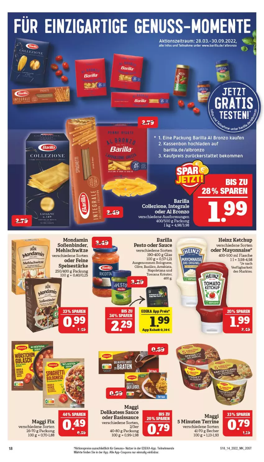 Aktueller Prospekt Marktkauf - Prospekt - von 03.04 bis 09.04.2022 - strona 22 - produkty: aktionspreis, barilla, basilico, Becher, beko, bolognese, coupon, coupons, deka, delikatess sauce, eis, ente, flasche, Geflügel, heinz, ketchup, kräuter, maggi, maggi fix, mayonnaise, mehl, mondamin, nuss, olive, pesto, reis, sauce, Soße, spaghetti, terrine, Ti, Yo