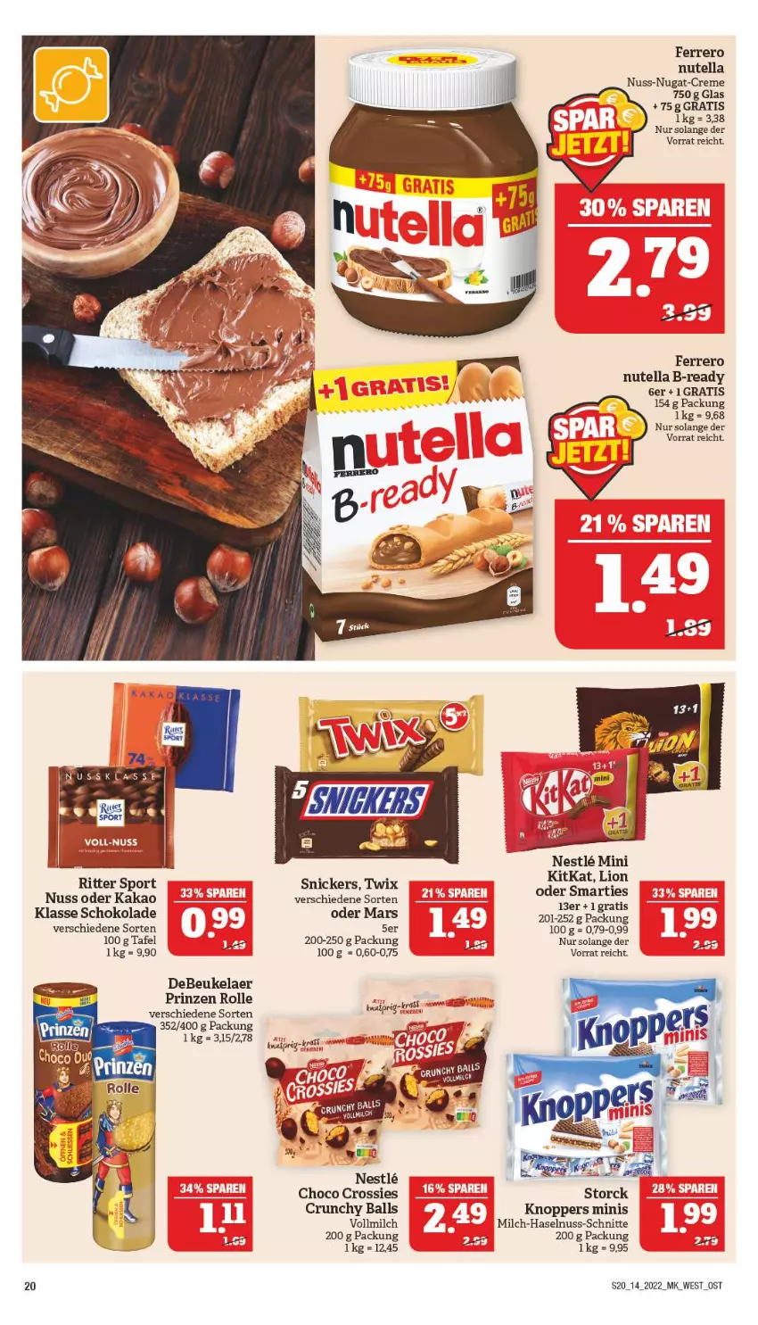 Aktueller Prospekt Marktkauf - Prospekt - von 03.04 bis 09.04.2022 - strona 24 - produkty: ball, creme, crossies, debeukelaer, elle, ferrero, haselnuss, kakao, knoppers, mars, milch, nuss, nuss-nugat-creme, nutella, prinzen rolle, ritter, ritter sport, schoko, schokolade, snickers, Sport, storck, Ti, twix, vollmilch