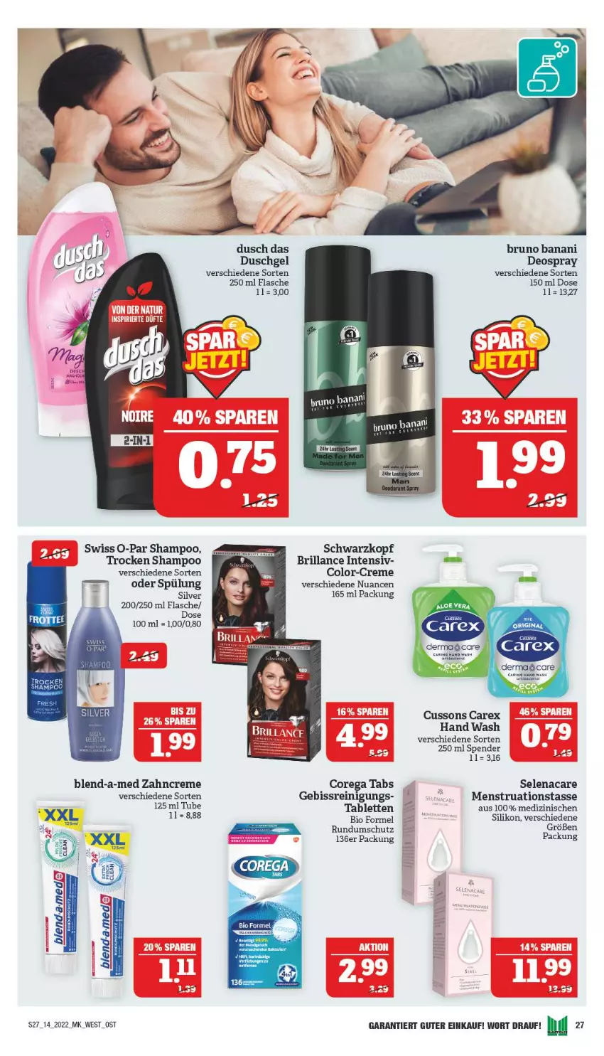 Aktueller Prospekt Marktkauf - Prospekt - von 03.04 bis 09.04.2022 - strona 31 - produkty: aloe vera, bio, blend-a-med, brillance, bruno banani, creme, deo, deospray, duschgel, flasche, Nuance, Reinigung, schwarzkop, schwarzkopf, shampoo, spülung, tablet, tablett, Tablette, tasse, Ti, zahncreme