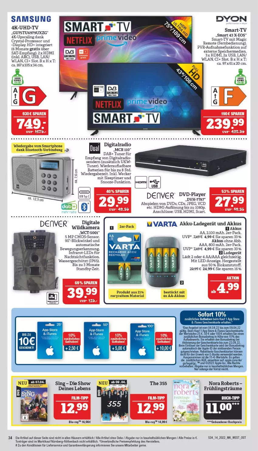 Aktueller Prospekt Marktkauf - Prospekt - von 03.04 bis 09.04.2022 - strona 38 - produkty: akku, angebot, auto, batterie, batterien, bio, blu-ray, buch, cmos-sensor, deo, dvd, eier, eis, elle, fernbedienung, HDMI, HP, ladegerät, leds, lieferservice, Radio, reis, Ria, Samsung, smartphone, Spiele, tee, teller, Ti, timer, tisch, tuner, uhd, UHD-TV, usb, varta, wasser, weck