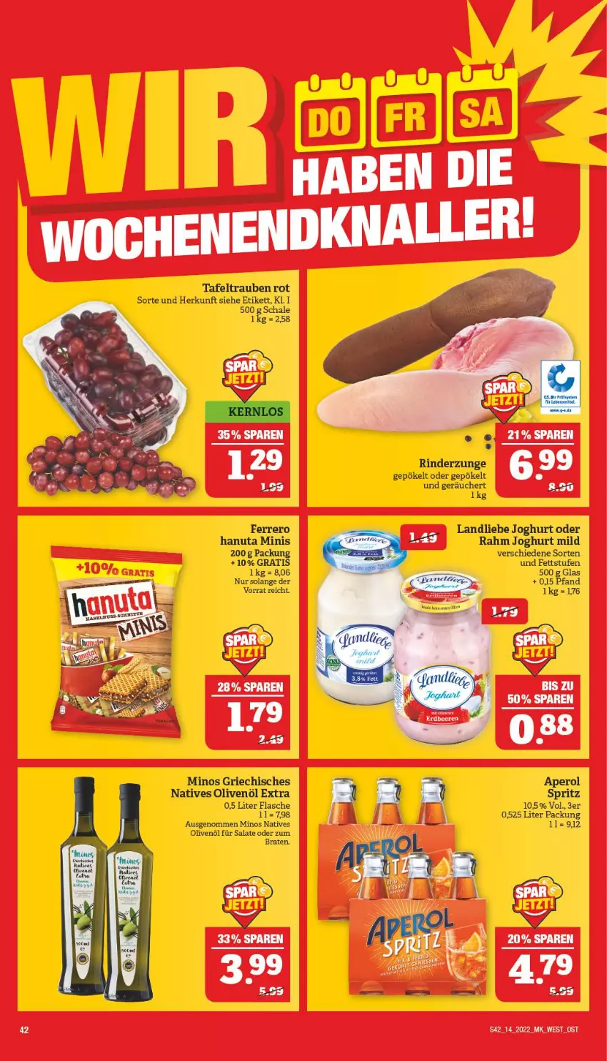 Aktueller Prospekt Marktkauf - Prospekt - von 03.04 bis 09.04.2022 - strona 46 - produkty: aperol, braten, ferrero, flasche, hanuta, joghur, joghurt, joghurt mild, landliebe, landliebe joghurt, natives olivenöl, olive, oliven, olivenöl, olivenöl extra, salat, salate, Schal, Schale, tafeltrauben, Ti, trauben