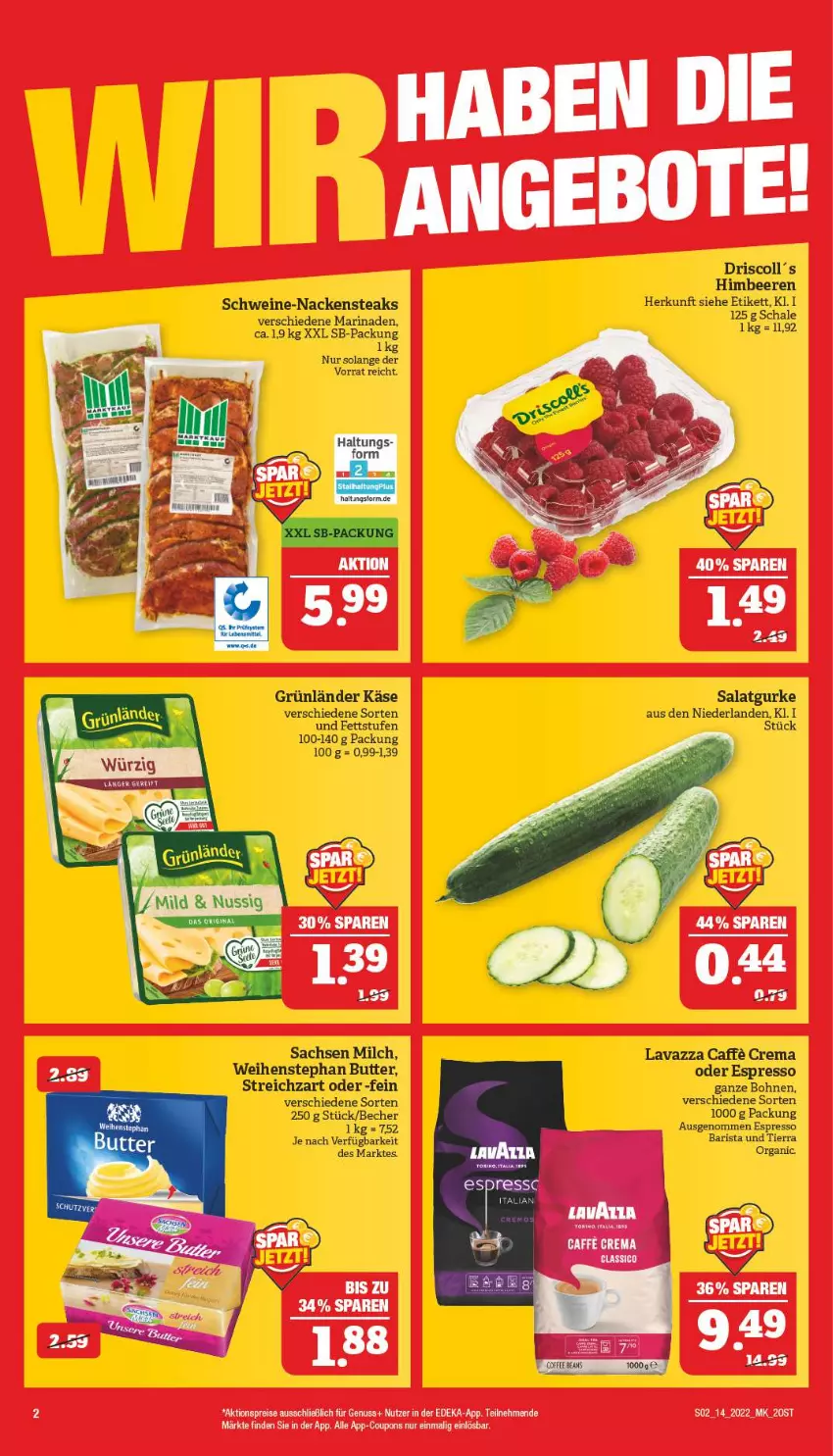 Aktueller Prospekt Marktkauf - Prospekt - von 03.04 bis 09.04.2022 - strona 6 - produkty: aktionspreis, Becher, beere, beeren, bohne, bohnen, butter, coupon, coupons, deka, eis, espresso, grünländer, gurke, himbeer, himbeere, himbeeren, Käse, lavazza, marinade, Nackensteak, nackensteaks, nuss, oder espresso, reis, salat, Salatgurke, schwein, schweine, steak, steaks, Streichzart, Ti, wein, weine