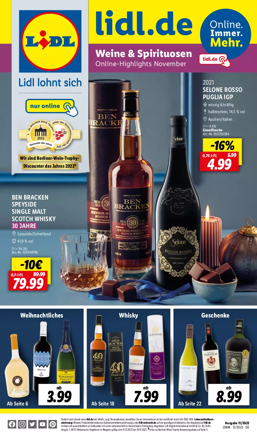 Aktueller Prospekt Lidl - Beste Weine für jeden Anlass - von 01.11 bis 30.11.2022 - strona 1 - produkty: angebot, angebote, berliner, bio, discount, flasche, lebensmittel, magazin, ndk, schott, scotch, scotch whisky, single malt, spirituosen, Ti, wein, weine, whisky