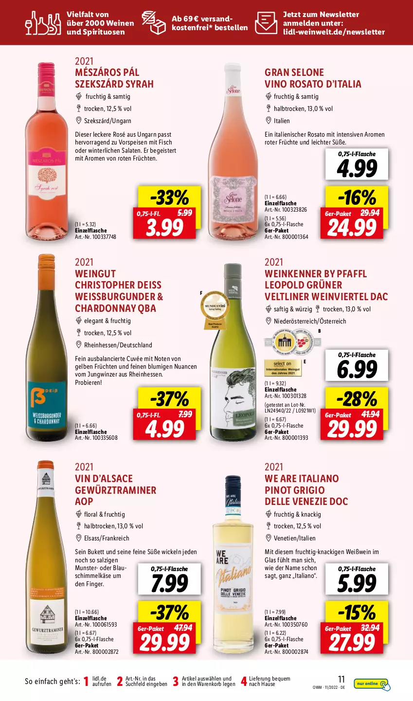 Aktueller Prospekt Lidl - Beste Weine für jeden Anlass - von 01.11 bis 30.11.2022 - strona 11 - produkty: bier, Biere, burgunder, chardonnay, cuvée, dell, eis, elle, fisch, flasche, frucht, früchte, früchten, gewürz, grüner veltliner, Käse, korb, ndk, Nuance, Pinot, pinot grigio, rosato, sac, saft, salat, salate, salz, spirituosen, Ti, usb, versandkostenfrei, vorspeise, wein, weine, Weißwein, WICK